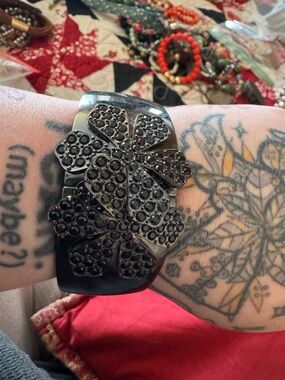 Black Floral Rhinestone Cuff Bracelet